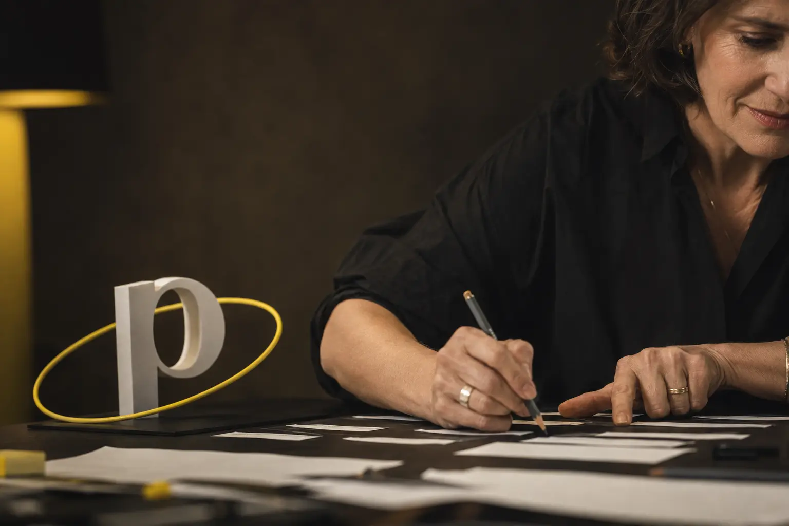 Filmisches Fragmentporträt einer Texterin mit Händen, Textstreifen, Bleistift und einem großen räumlichen P.