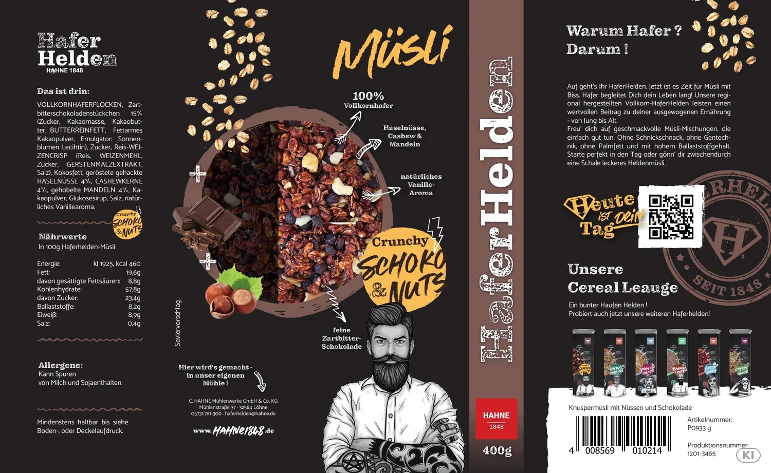 Originale Abwicklung der Haferhelden-Müsli-Verpackung.