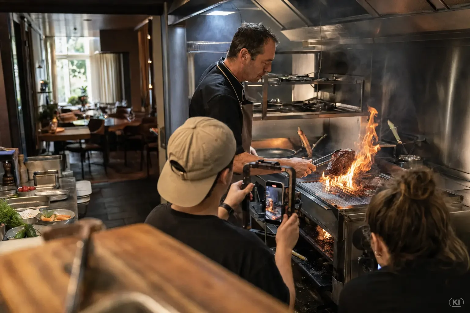 Filmteam dreht am offenen Grill.