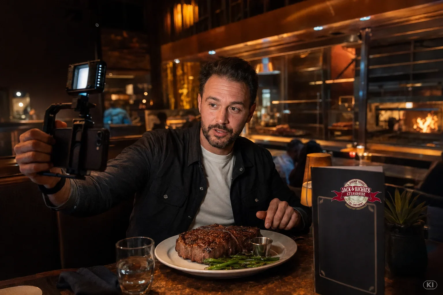Influencer produziert Inhalte im Steakhouse.