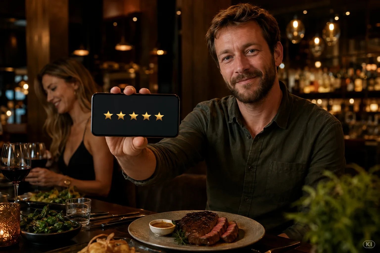 Gast zeigt eine Fünf-Sterne-Bewertung im Restaurant.